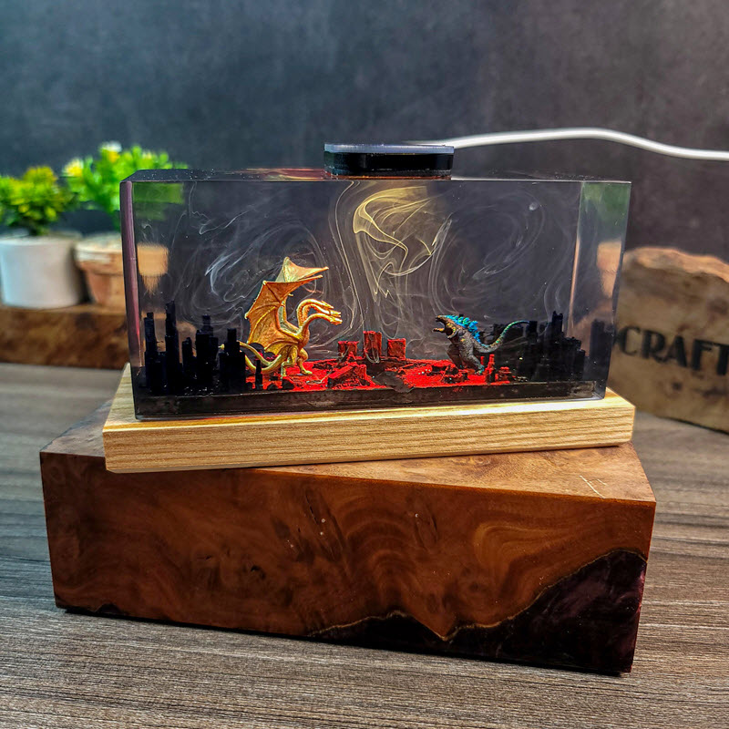 Đèn Epoxy Resin EPX067 Godzilla Và King Ghidorah Chiến Đấu Trong Thành Phố