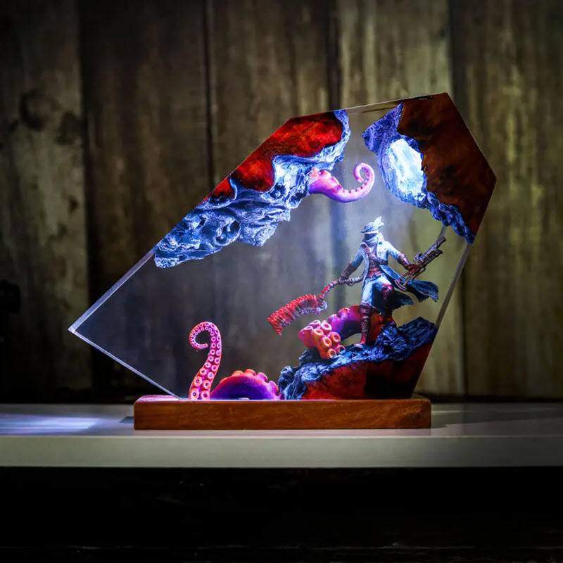 Đèn Gỗ Epoxy EPX111 Cao Cấp Bloodborne Hunter Và Quái Vật